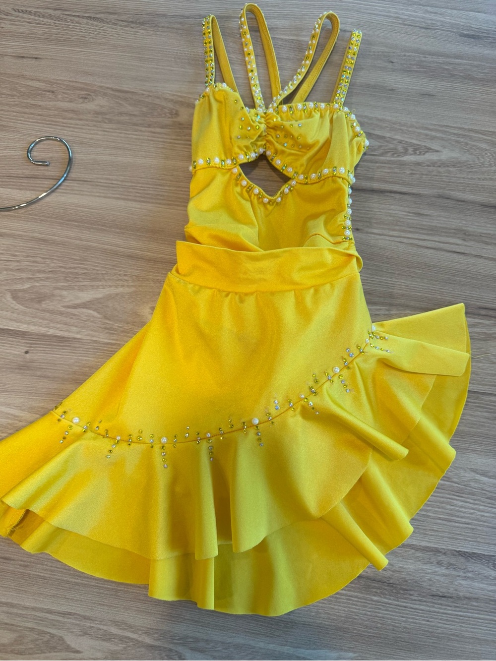 Yellow Kids Dance Costume Kelly base w/ pearls & rhinestones added - SC small